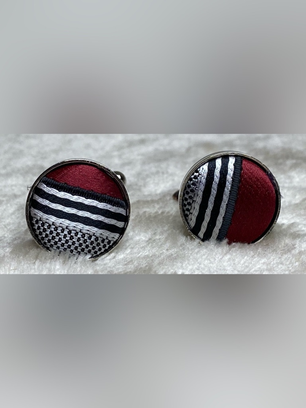 Vintage Fabric Cuff Links Burgundy, Black & Gray Cloth Fabric Stripe Pattern